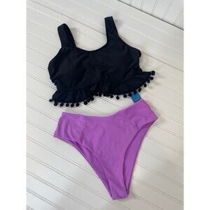 Cupshe Black Pom Pom Trim Swim Top & Purple High Cut Bikini Bottom Bundle Sz M